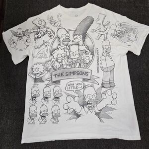 Vintage The Simpsons Black Pencil Sketch Drawing Print AOP Tee - White Men's XL